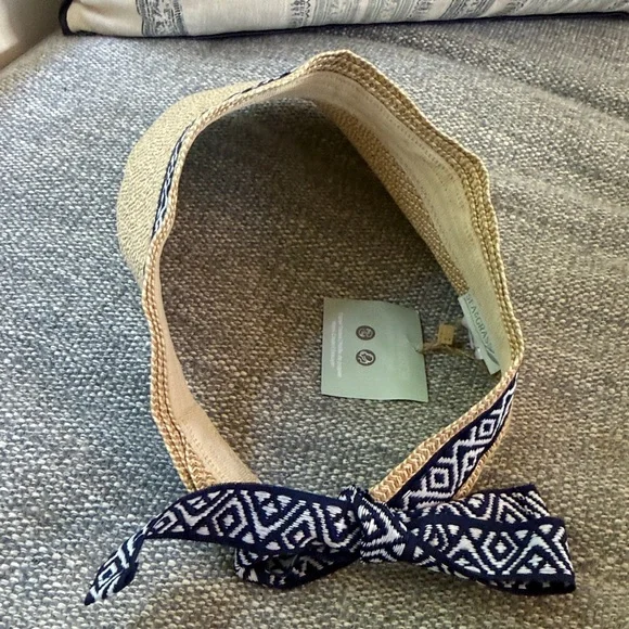 Sea & Grass Wicker Straw Embroidered Trim Sun Visor Beach Hat NWT - Picture 4 of 5